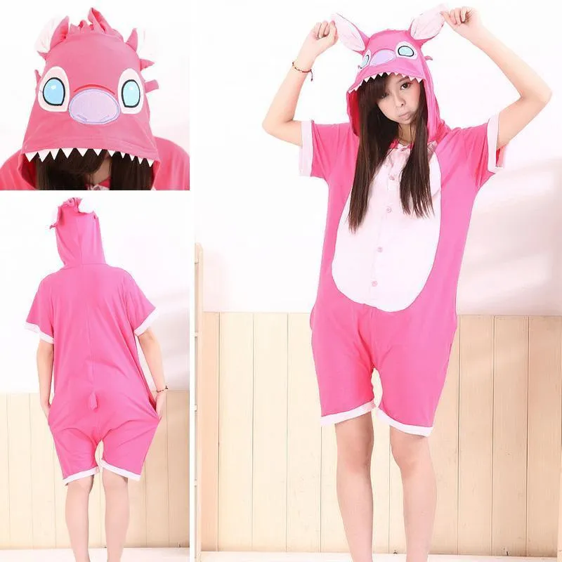 Pink Stitch Pajamas Animal Onesie Hoodie Kigurumi Short Sleeve Costume