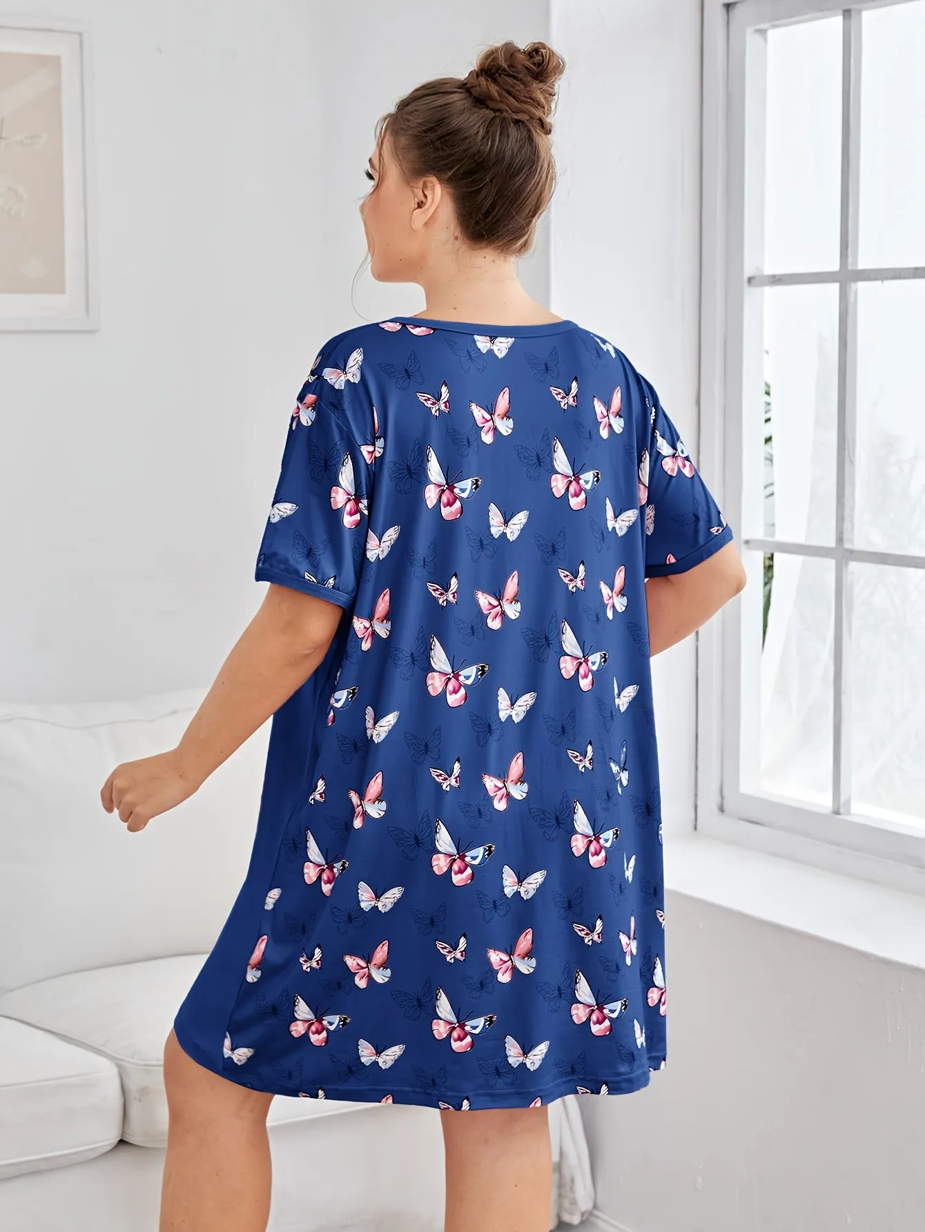 Plus Size Butterfly & Letter Print Lounge Dress for Women, Featuring Short Sleeves, V Neck, and Casual Comfort for Relaxed Nights"