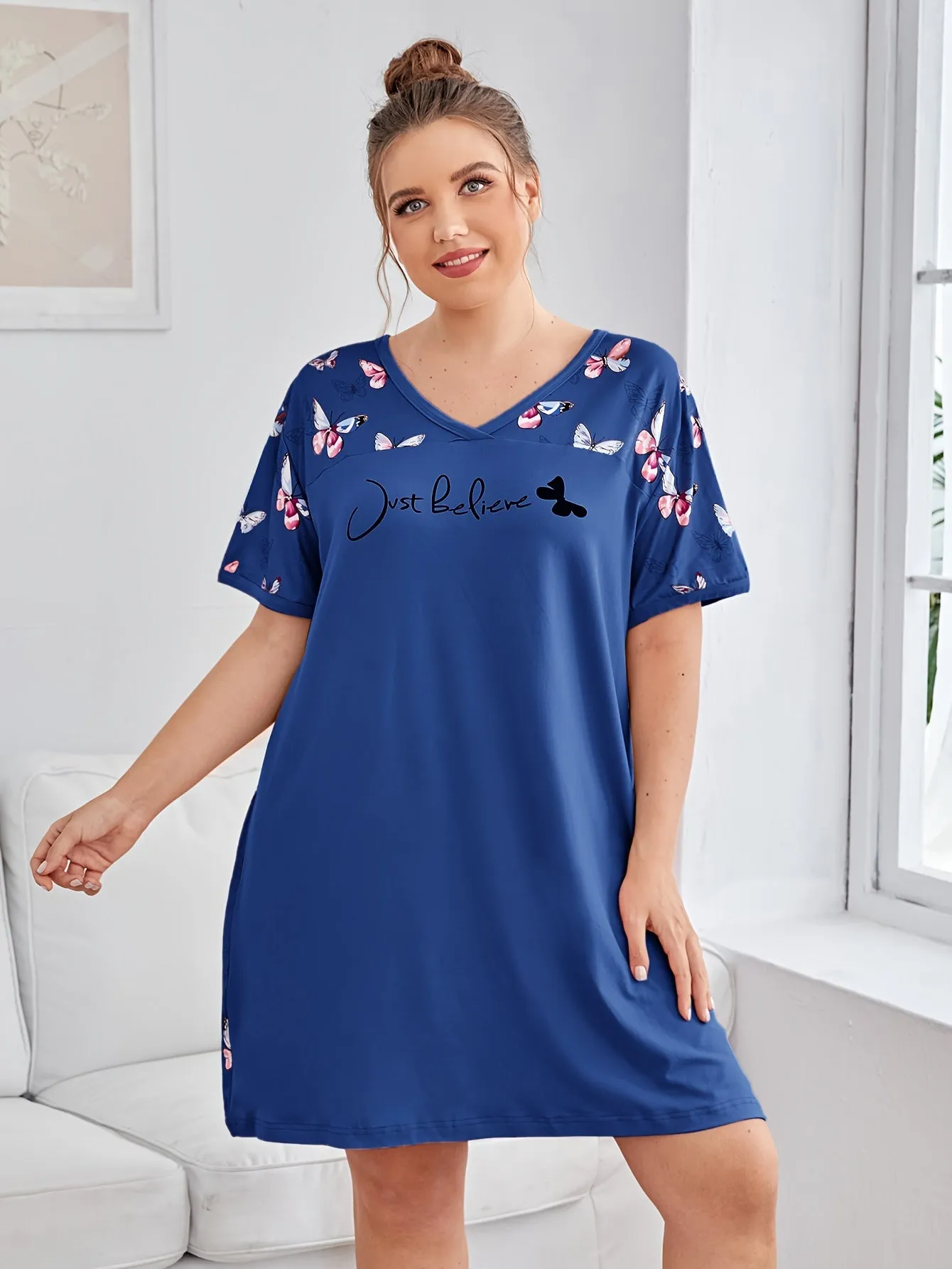 Plus Size Butterfly & Letter Print Lounge Dress for Women, Featuring Short Sleeves, V Neck, and Casual Comfort for Relaxed Nights"