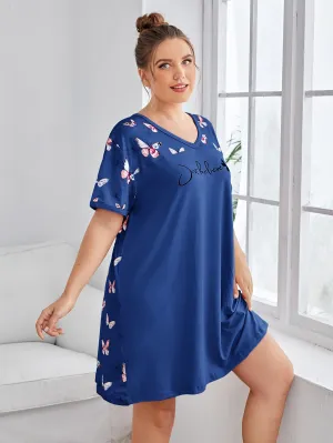 Plus Size Butterfly & Letter Print Lounge Dress for Women, Featuring Short Sleeves, V Neck, and Casual Comfort for Relaxed Nights"