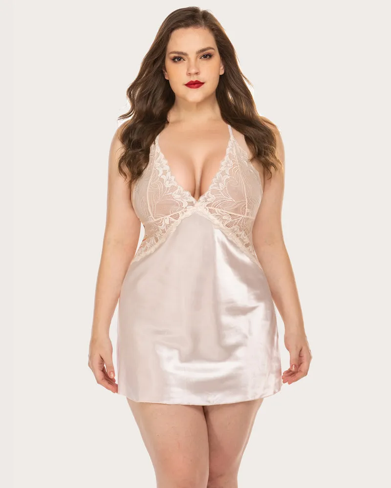 Plus Size V Neck Lace Satin Sleepwear