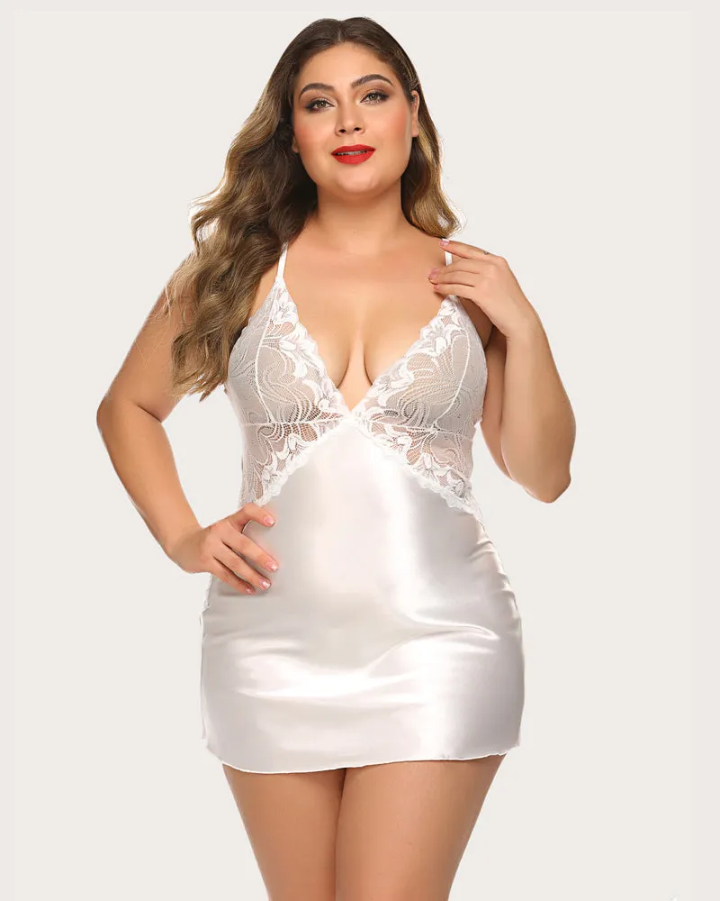 Plus Size V Neck Lace Satin Sleepwear