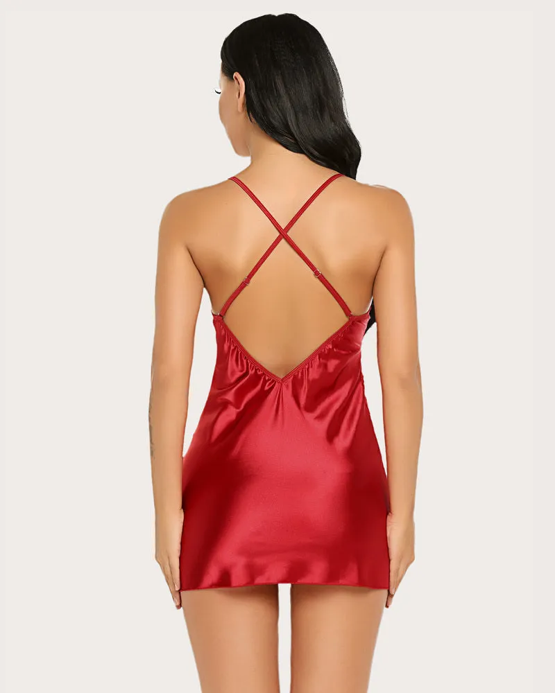 Plus Size V Neck Lace Satin Sleepwear