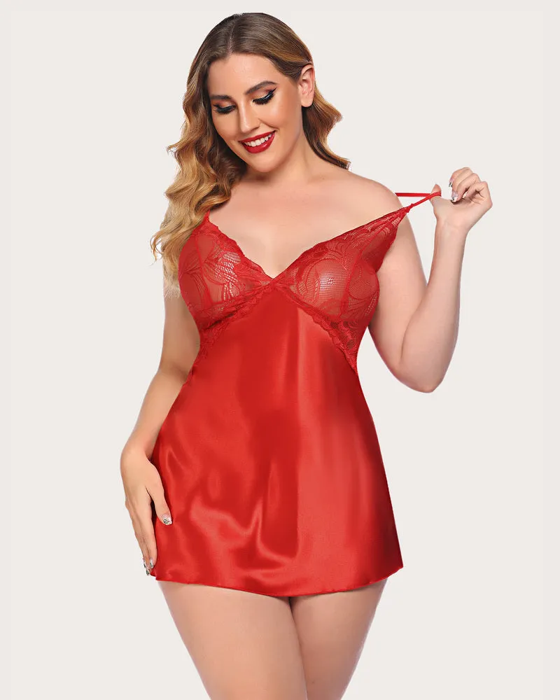 Plus Size V Neck Lace Satin Sleepwear