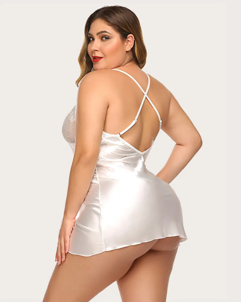 Plus Size V Neck Lace Satin Sleepwear