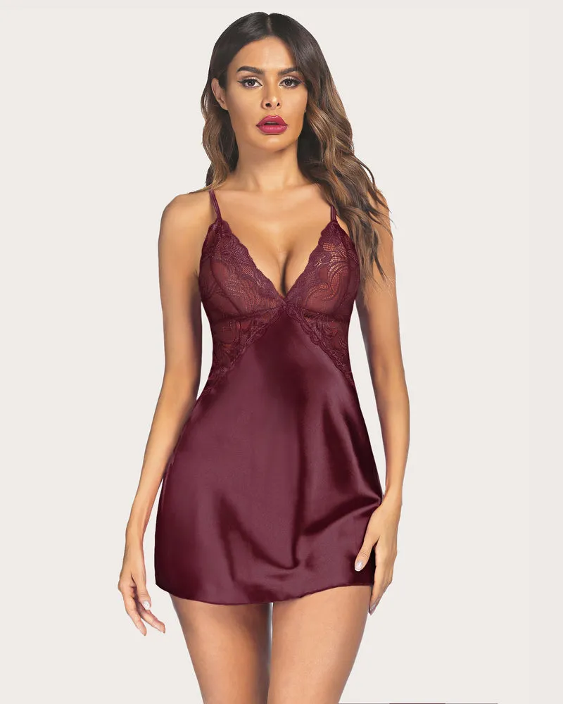 Plus Size V Neck Lace Satin Sleepwear