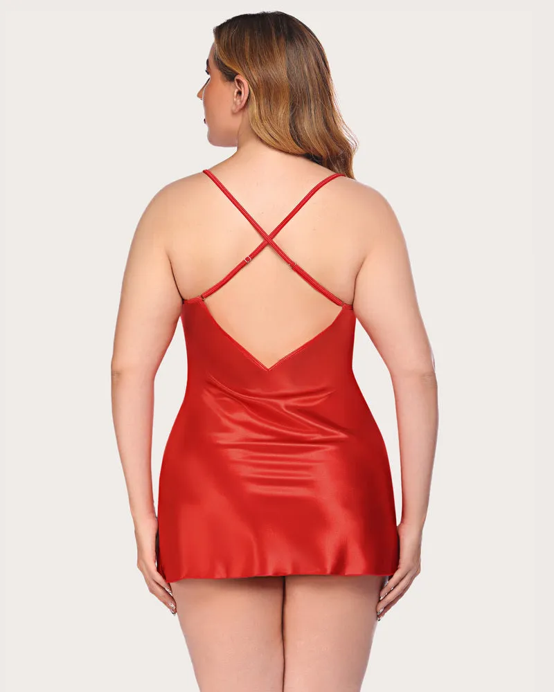 Plus Size V Neck Lace Satin Sleepwear