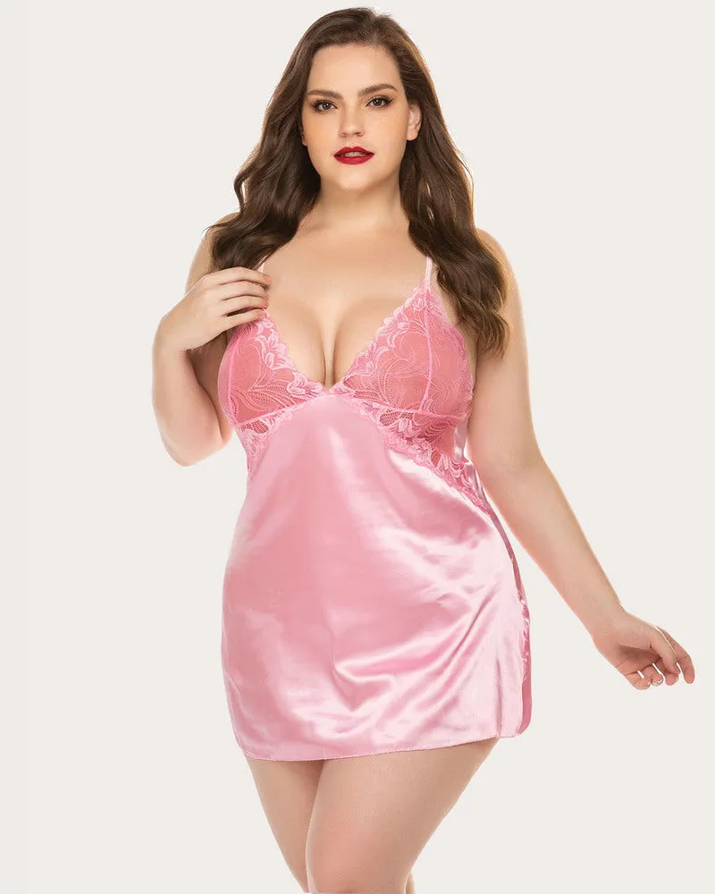 Plus Size V Neck Lace Satin Sleepwear