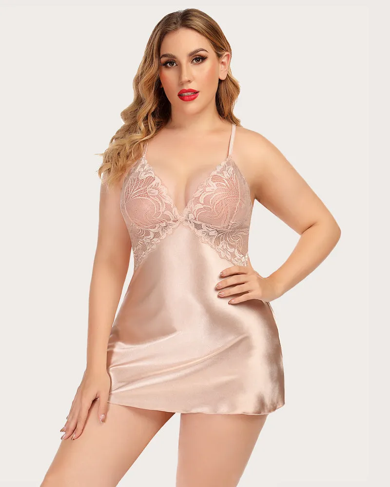 Plus Size V Neck Lace Satin Sleepwear