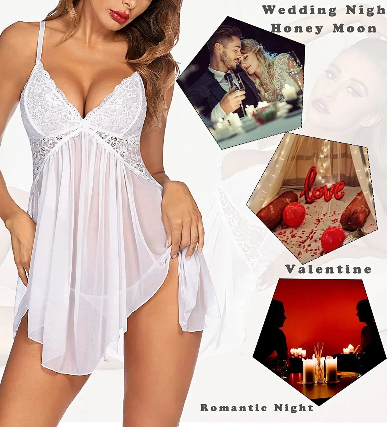 "Elegant Bridal Lace Babydoll Sleepwear - V Neck Boudoir Lingerie for the Perfect Wedding Night"