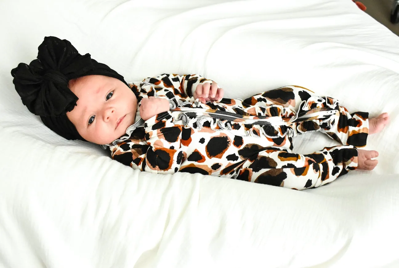 Ruffle Zipper Footies - Bold Leopard