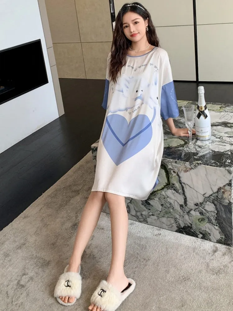 Satin Nightwear Women Short Sleeve Silk Sleeping Dress Casual Sweet Girl Loose Nightdress Summer Mid Length Pajama Skirt