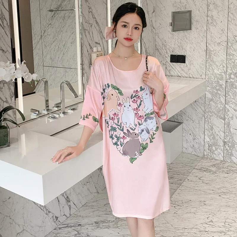 Satin Nightwear Women Short Sleeve Silk Sleeping Dress Casual Sweet Girl Loose Nightdress Summer Mid Length Pajama Skirt