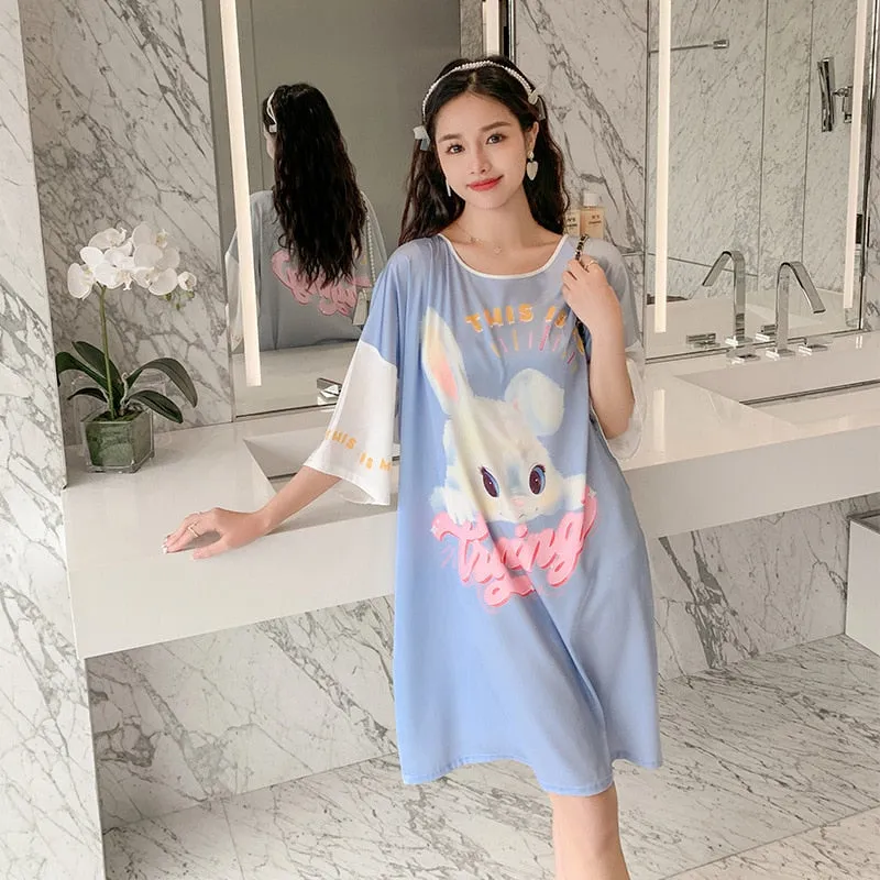 Satin Nightwear Women Short Sleeve Silk Sleeping Dress Casual Sweet Girl Loose Nightdress Summer Mid Length Pajama Skirt