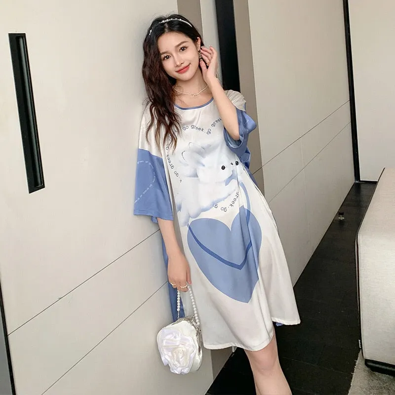 Satin Nightwear Women Short Sleeve Silk Sleeping Dress Casual Sweet Girl Loose Nightdress Summer Mid Length Pajama Skirt