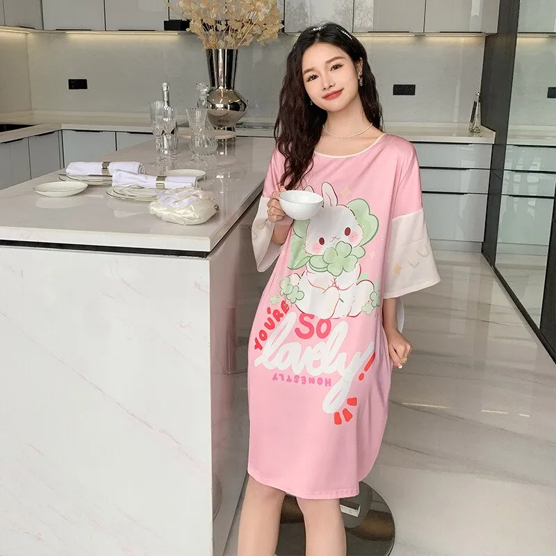 Satin Nightwear Women Short Sleeve Silk Sleeping Dress Casual Sweet Girl Loose Nightdress Summer Mid Length Pajama Skirt