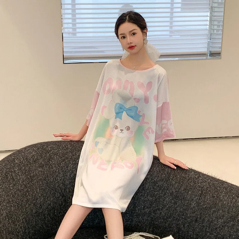 Satin Nightwear Women Short Sleeve Silk Sleeping Dress Casual Sweet Girl Loose Nightdress Summer Mid Length Pajama Skirt