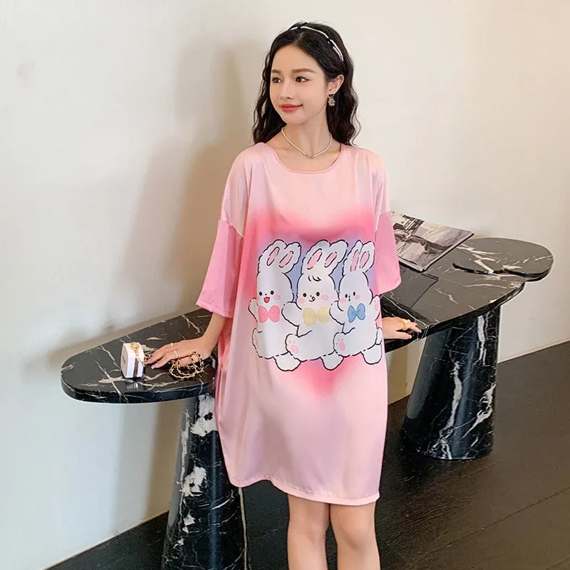 Satin Nightwear Women Short Sleeve Silk Sleeping Dress Casual Sweet Girl Loose Nightdress Summer Mid Length Pajama Skirt