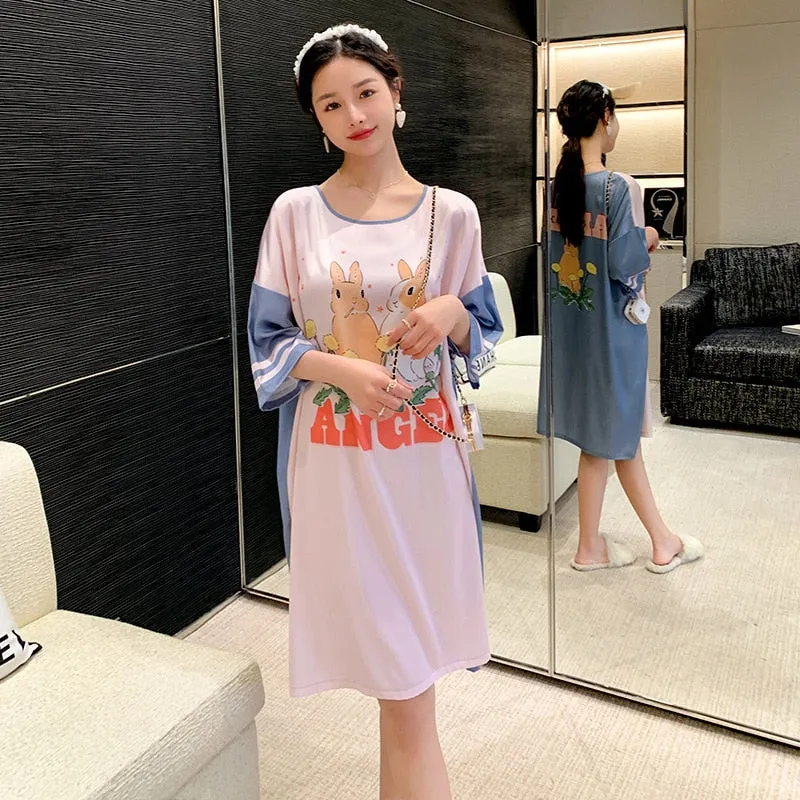 Satin Nightwear Women Short Sleeve Silk Sleeping Dress Casual Sweet Girl Loose Nightdress Summer Mid Length Pajama Skirt