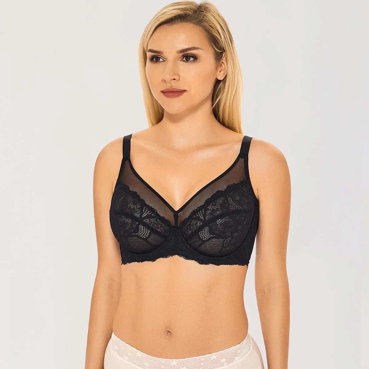 See-through Lace Sheer Unlined Minimizer Underwire Back Closure Black Bra