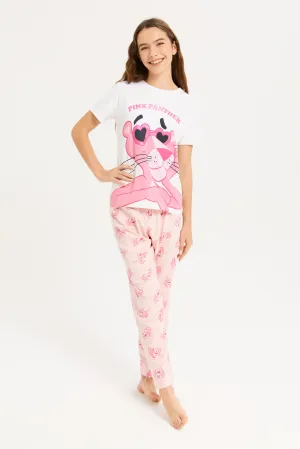 Senior Girls Pink And White Pink Panther Pajama Set (2 Piece)