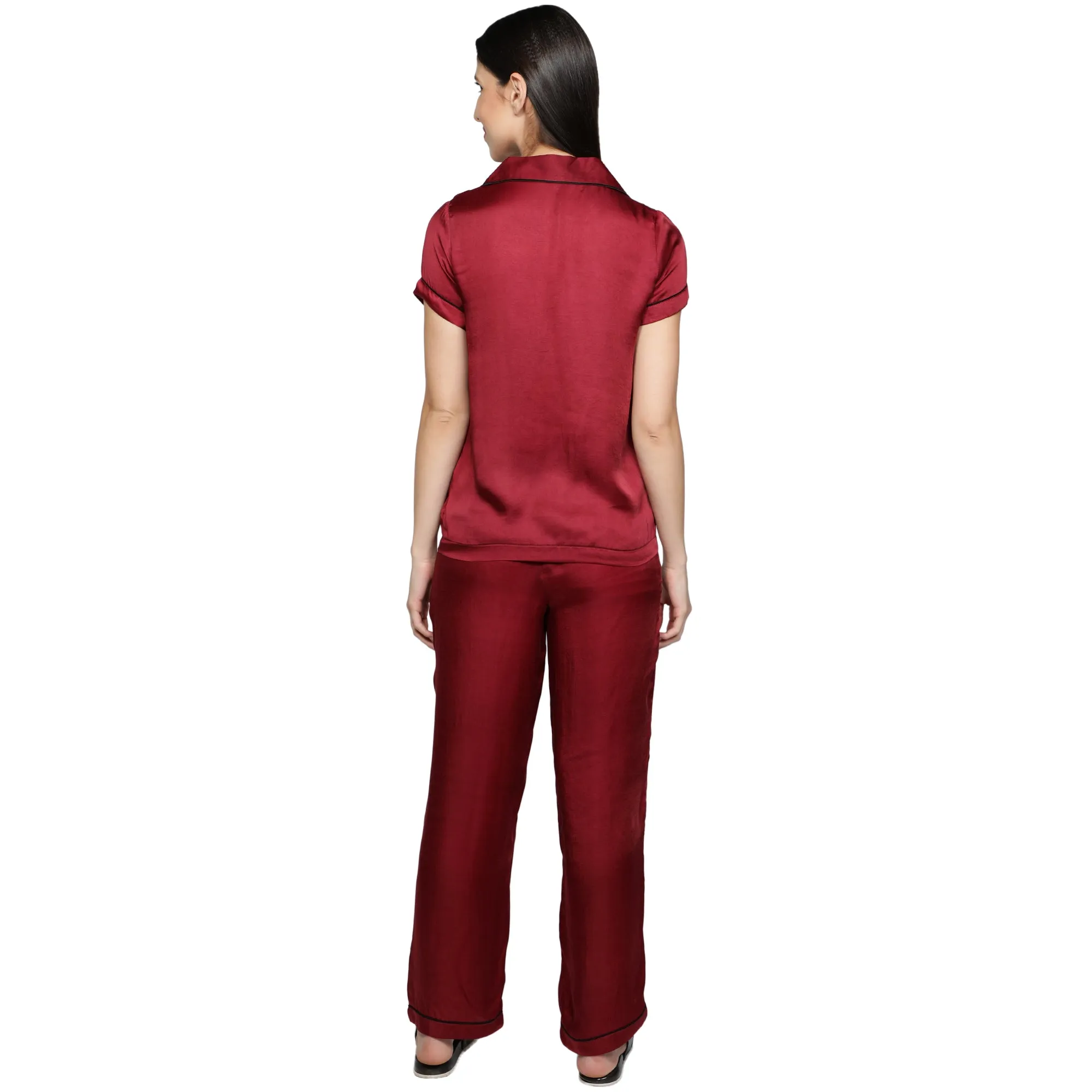 SLAY. Women's Nightwear Cherry Red color Half Sleeve Button Up Shirt & Pyjama Co-ord Set