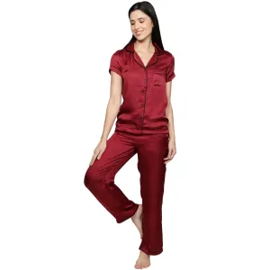 SLAY. Women's Nightwear Cherry Red color Half Sleeve Button Up Shirt & Pyjama Co-ord Set