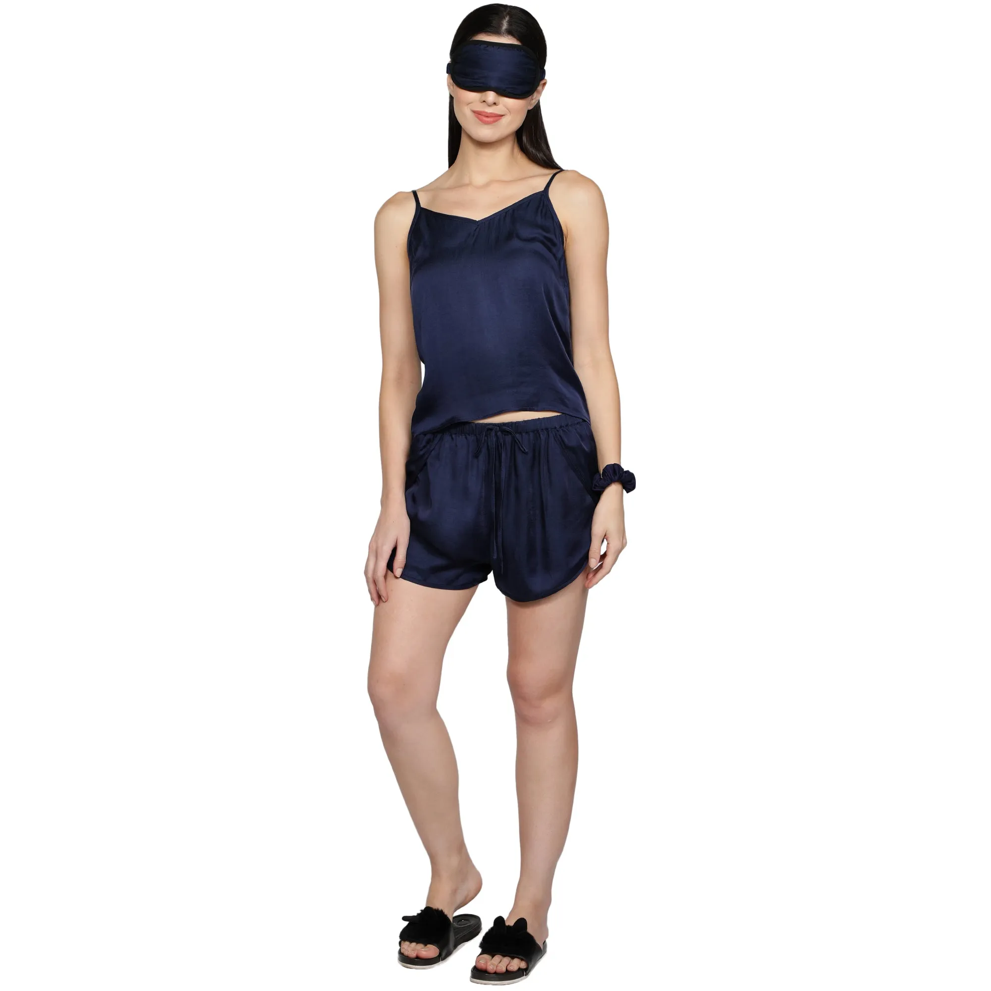 SLAY. Women's Nightwear Night Blue Color Sleepwear Camisole & Short Co-ord Set with matching Eye mask & Ruffle