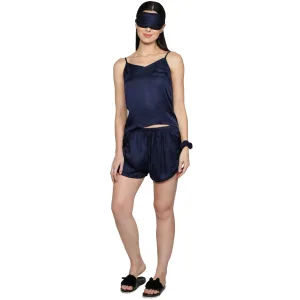 SLAY. Women's Nightwear Night Blue Color Sleepwear Camisole & Short Co-ord Set with matching Eye mask & Ruffle