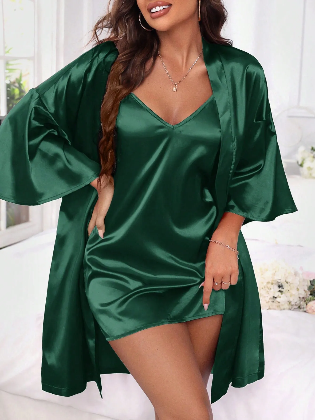 Solid Color Satin Women's Slip Dress & Robe Sleepwear Set Pajama Set, Suitable For Summer