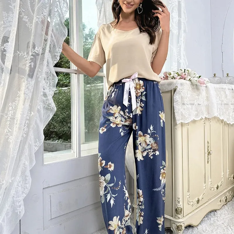 Solid Color Short Sleeve Tops and Floral Print Pajamas Set