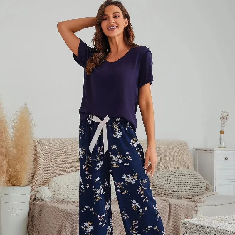 Solid Color Short Sleeve Tops and Floral Print Pajamas Set