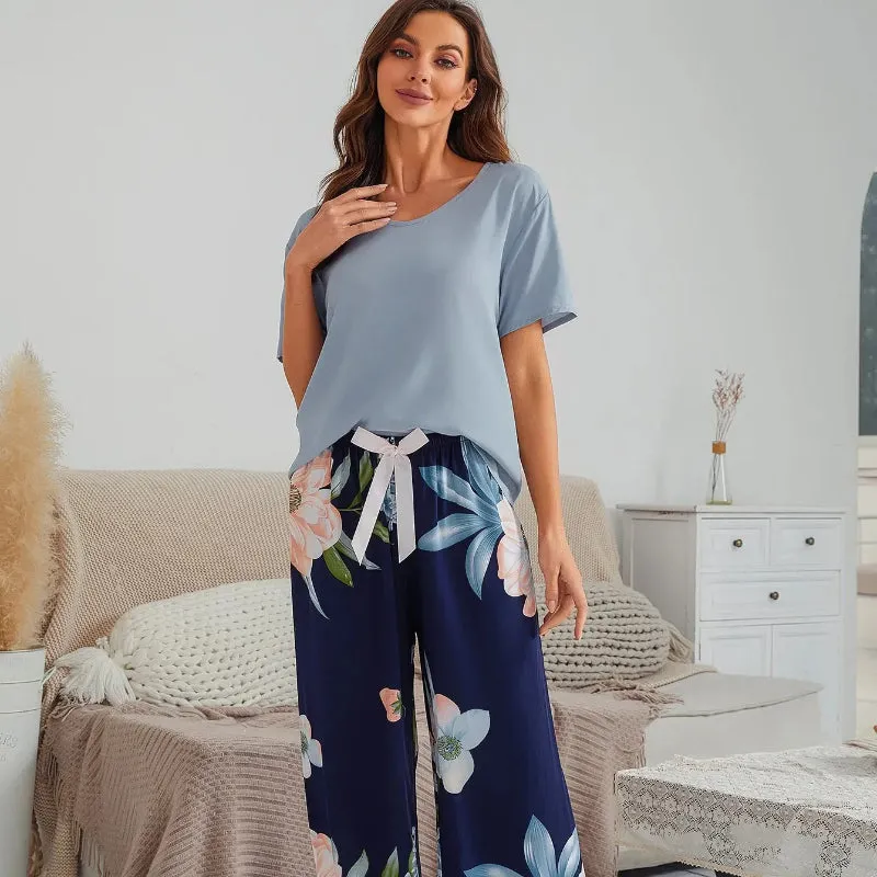 Solid Color Short Sleeve Tops and Floral Print Pajamas Set