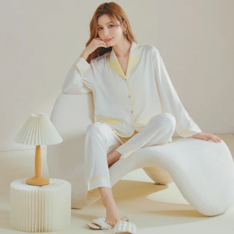 Spring Women's Imitation Silk Long-sleeved Cardigan Lapel Suit Casual Pajamas Home Clothes Solid Color Two-piece Sets