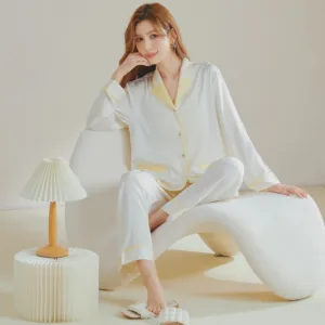 Spring Women's Imitation Silk Long-sleeved Cardigan Lapel Suit Casual Pajamas Home Clothes Solid Color Two-piece Sets