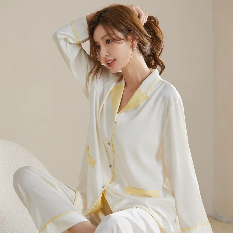 Spring Women's Imitation Silk Long-sleeved Cardigan Lapel Suit Casual Pajamas Home Clothes Solid Color Two-piece Sets