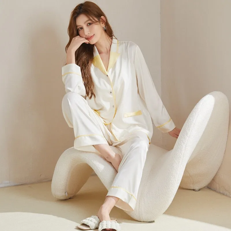 Spring Women's Imitation Silk Long-sleeved Cardigan Lapel Suit Casual Pajamas Home Clothes Solid Color Two-piece Sets