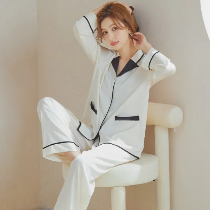 Spring Women's Imitation Silk Long-sleeved Cardigan Lapel Suit Casual Pajamas Home Clothes Solid Color Two-piece Sets