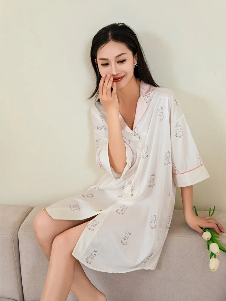 Summer Simulated Silk Sleeping Dress Women's Loose Fashion Cute Rabbit Printing Cardigan Pajamas Sweet Home Clothing