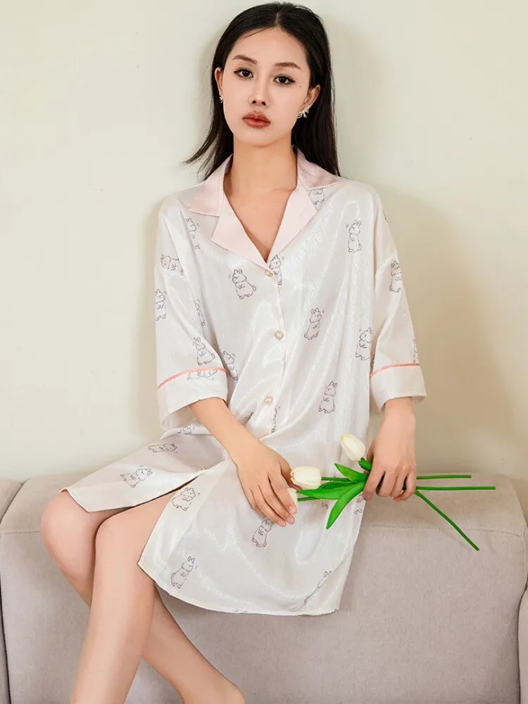 Summer Simulated Silk Sleeping Dress Women's Loose Fashion Cute Rabbit Printing Cardigan Pajamas Sweet Home Clothing