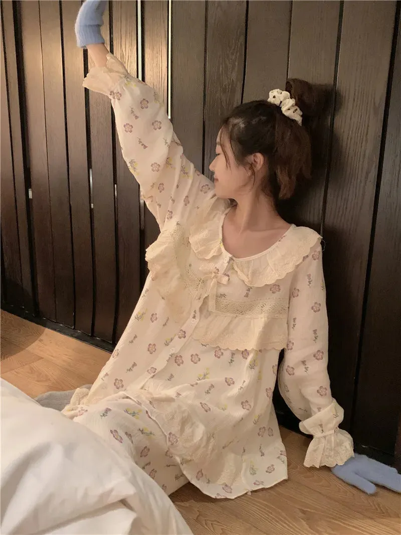 TAVIMART  -  Soft Sweet Princess Women Cotton Sleepwear Autumn Winter Floral Print Pajamas Long Sleeve Double Layer Gauze Home Clothes S339