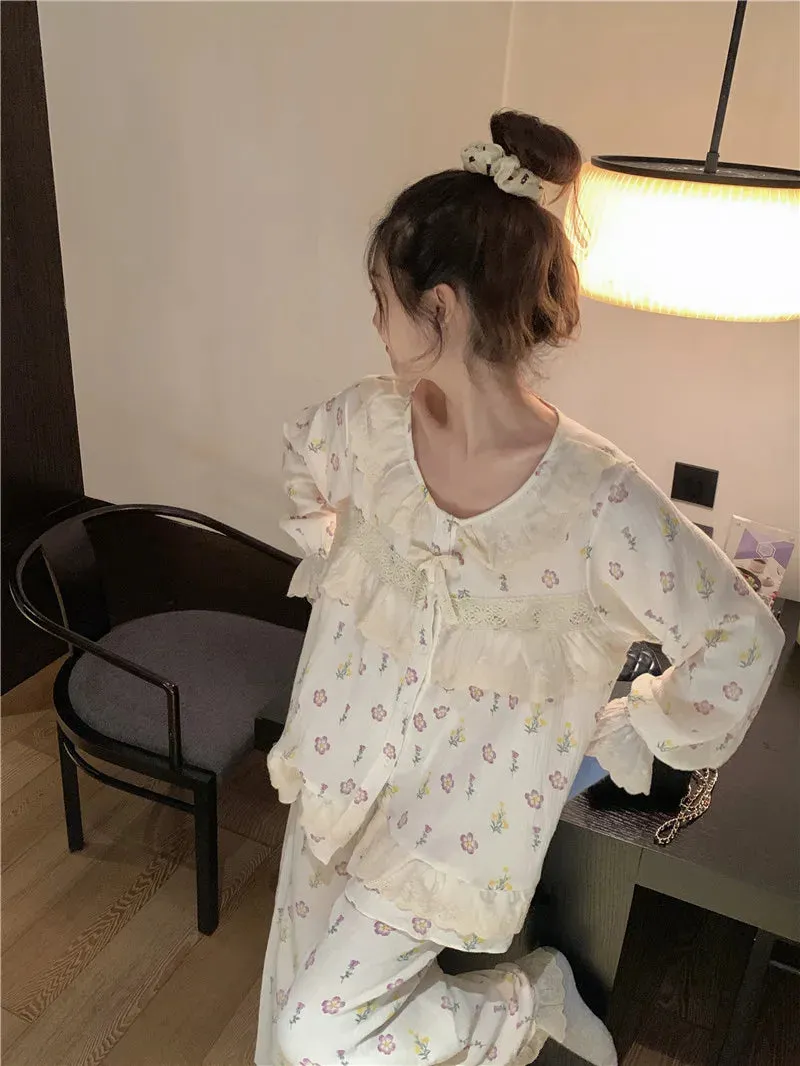 TAVIMART  -  Soft Sweet Princess Women Cotton Sleepwear Autumn Winter Floral Print Pajamas Long Sleeve Double Layer Gauze Home Clothes S339