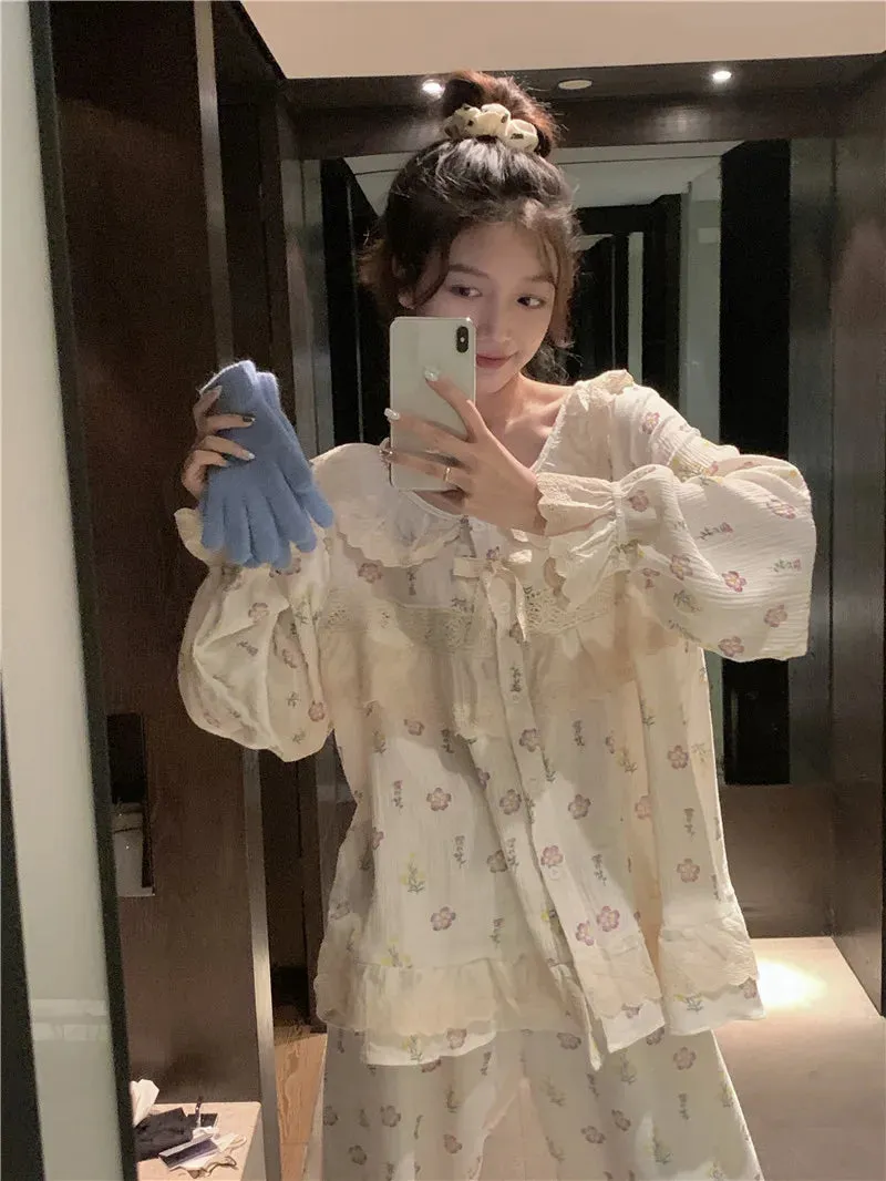 TAVIMART  -  Soft Sweet Princess Women Cotton Sleepwear Autumn Winter Floral Print Pajamas Long Sleeve Double Layer Gauze Home Clothes S339