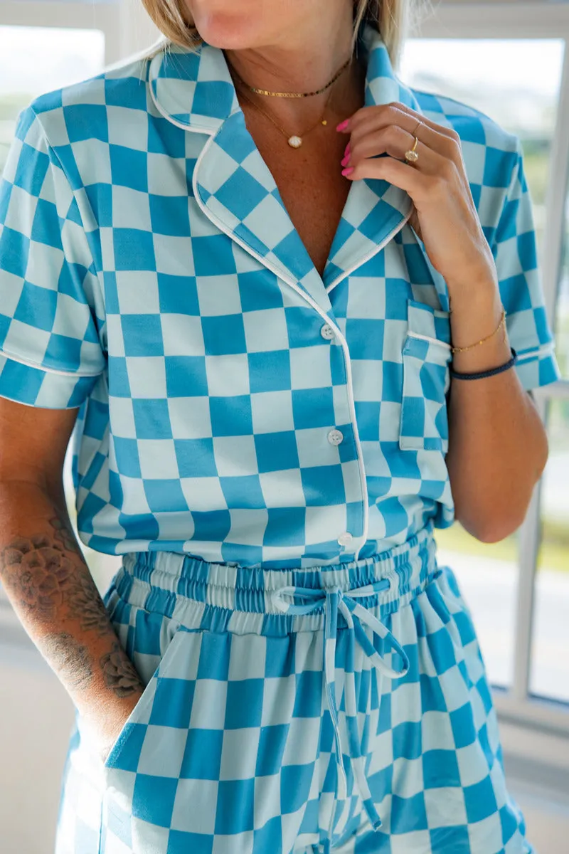 Teal Checker Wholesale Pajamas Shorts Set