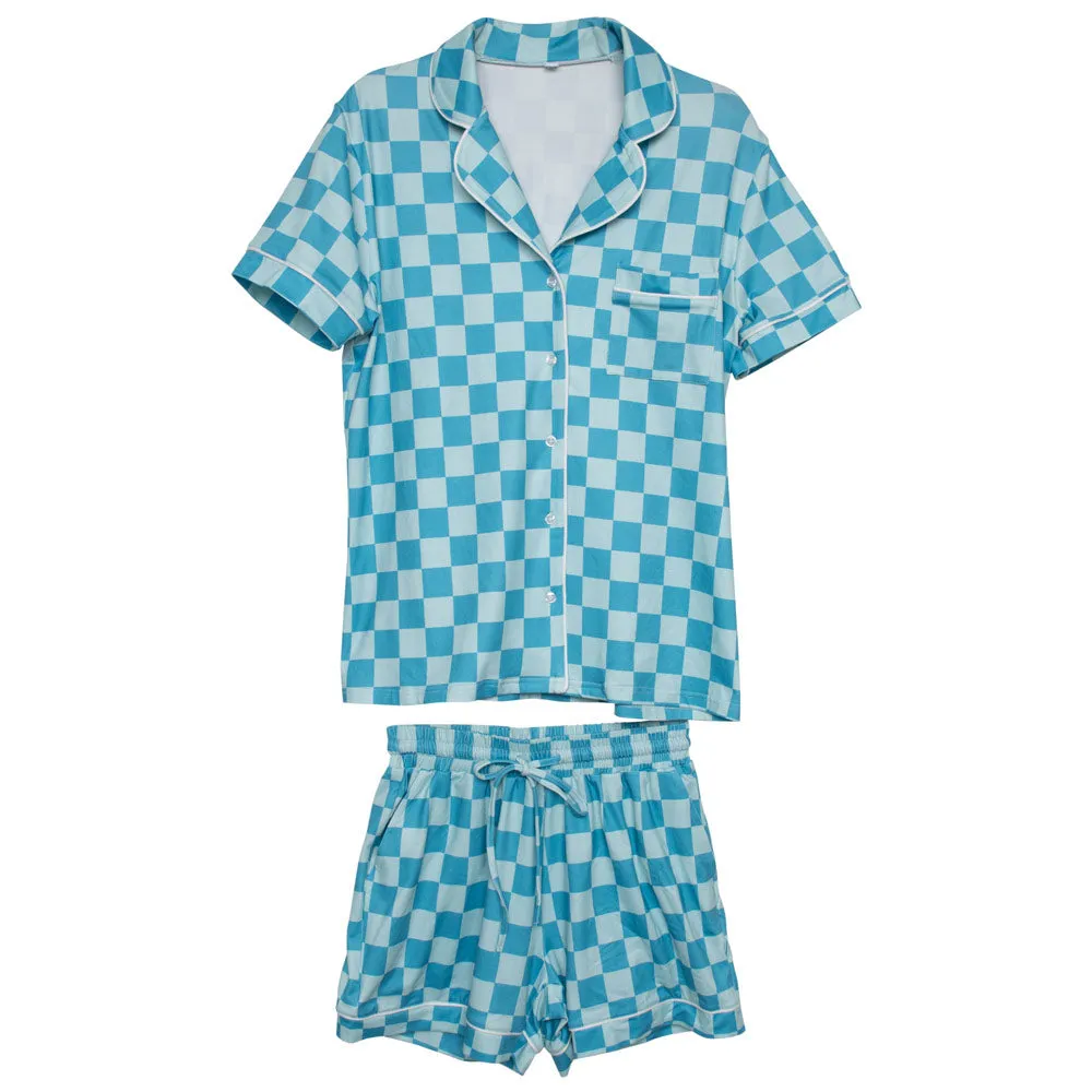 Teal Checker Wholesale Pajamas Shorts Set