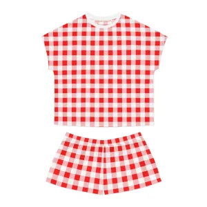 TGIF Sleepover PJs in Ruby Red Gingham Tee & Pajama Shorts-Set | Pinup Couture Relaxed