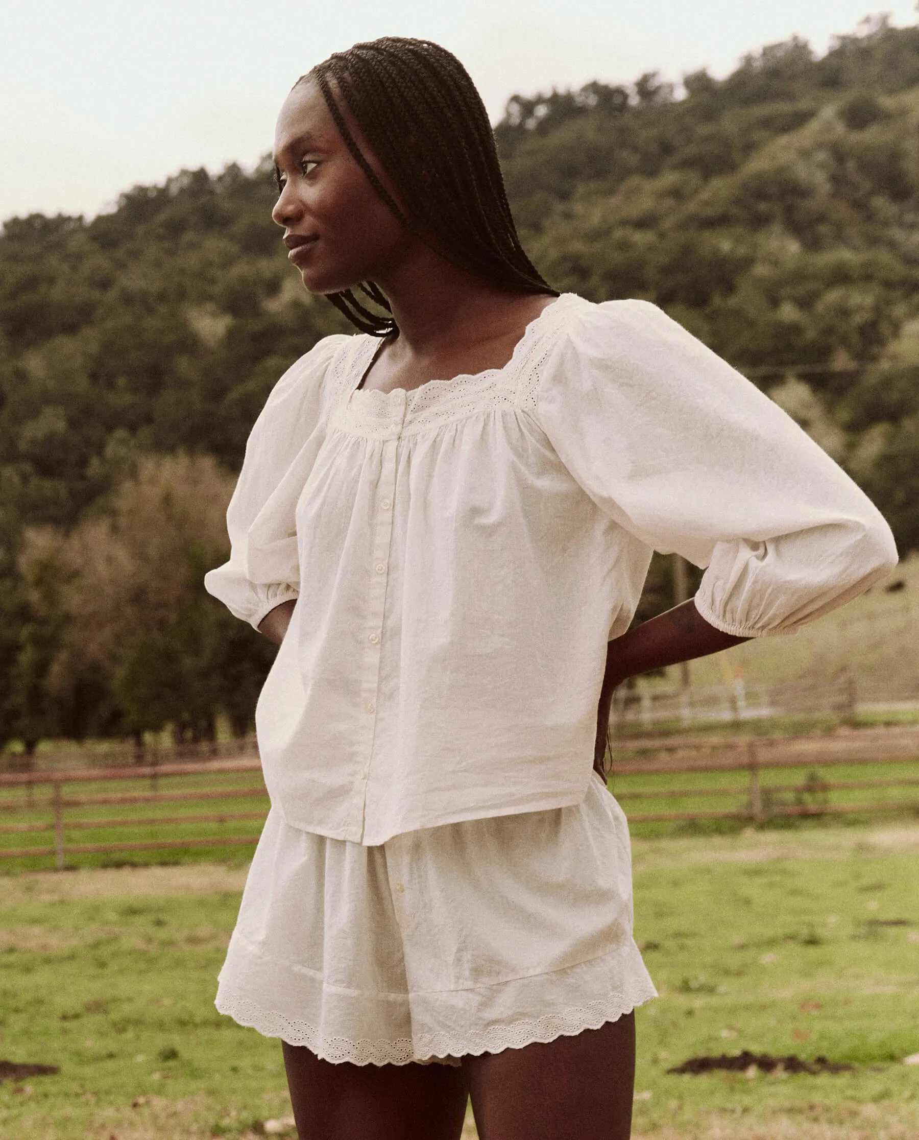 The Eyelet Button Sleep Top. -- True White