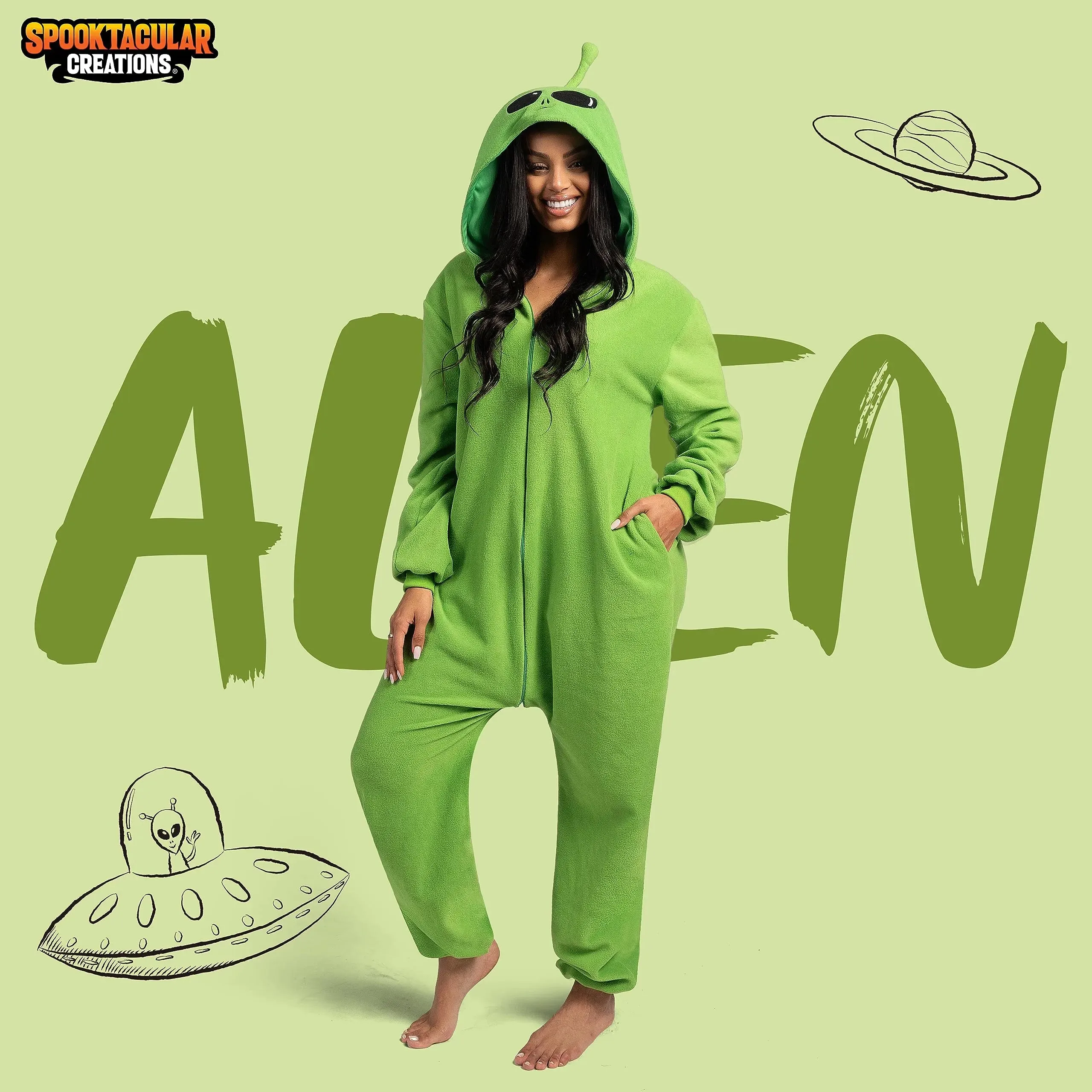 Unisex Adult Alien Pajama Plush Halloween Costume with Hat Dress Up Party