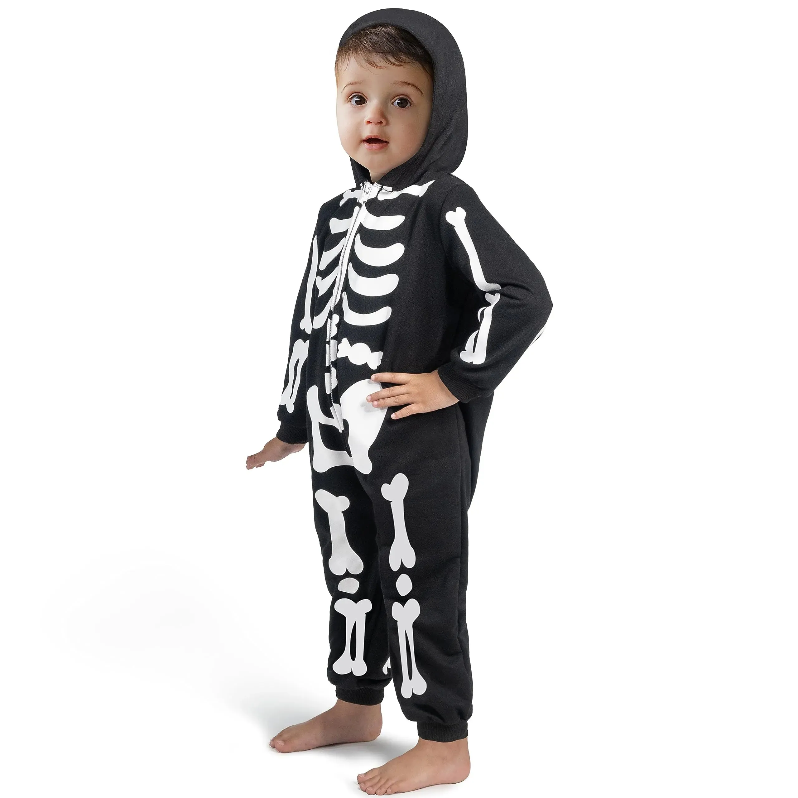 Unisex Skeleton Jumpsuit Pajama Toddler, Plush Zip-Up Black Hooded