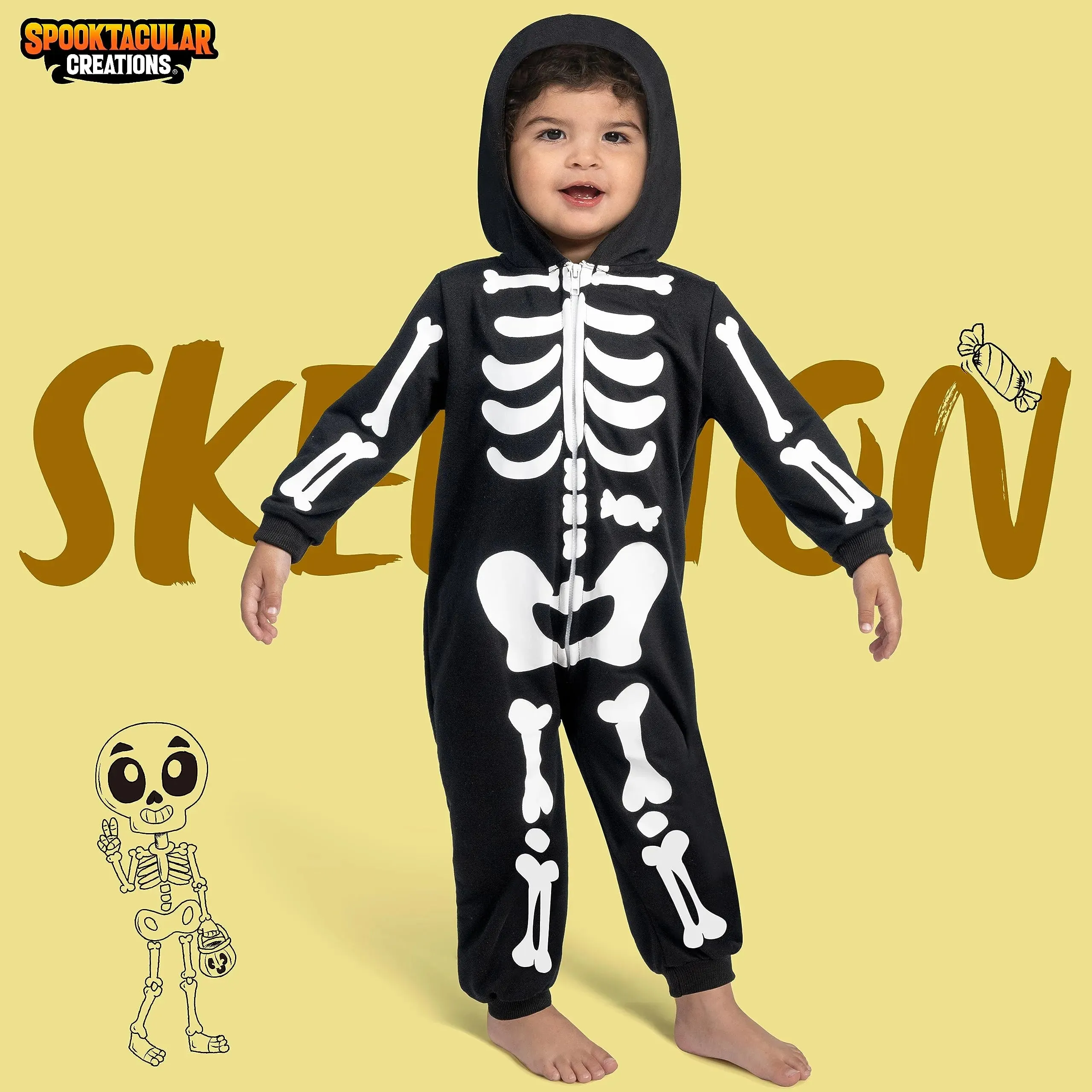 Unisex Skeleton Jumpsuit Pajama Toddler, Plush Zip-Up Black Hooded